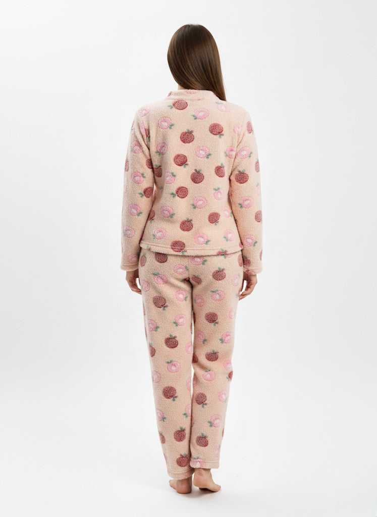Pink Strawberry Print Fleece Pajama Set - Women's Cozy Loungewear