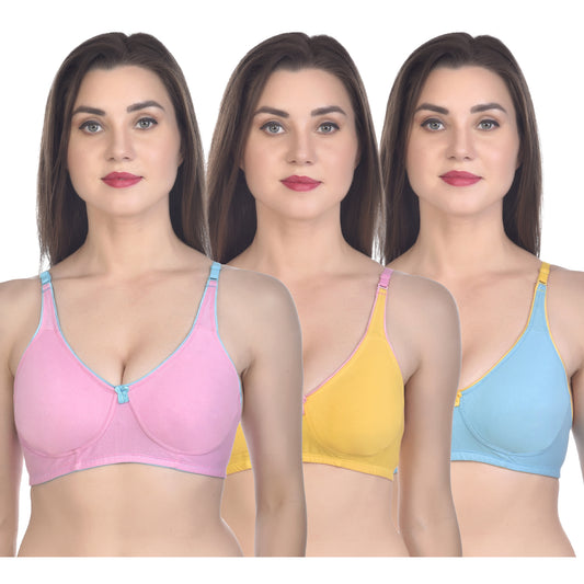Soft & Lightly Padded Contrast Bra – Wire-Free Support (Pack of 3)