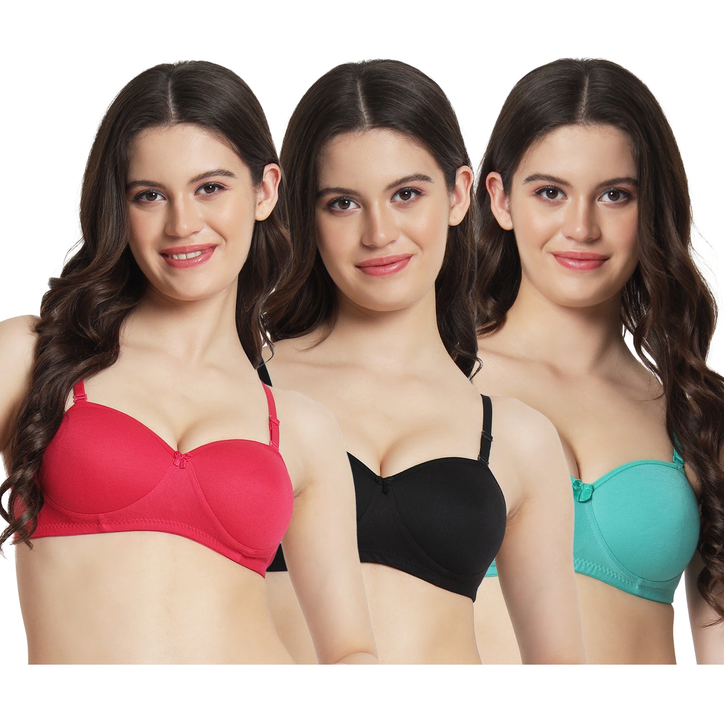 Women’s Lightly Padded Cotton Blend Bra (Pack of 3 – Red, Black & Teal Green)