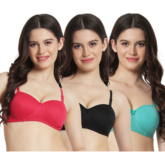 Women’s Lightly Padded Cotton Blend Bra (Pack of 3 – Red, Black & Teal Green)