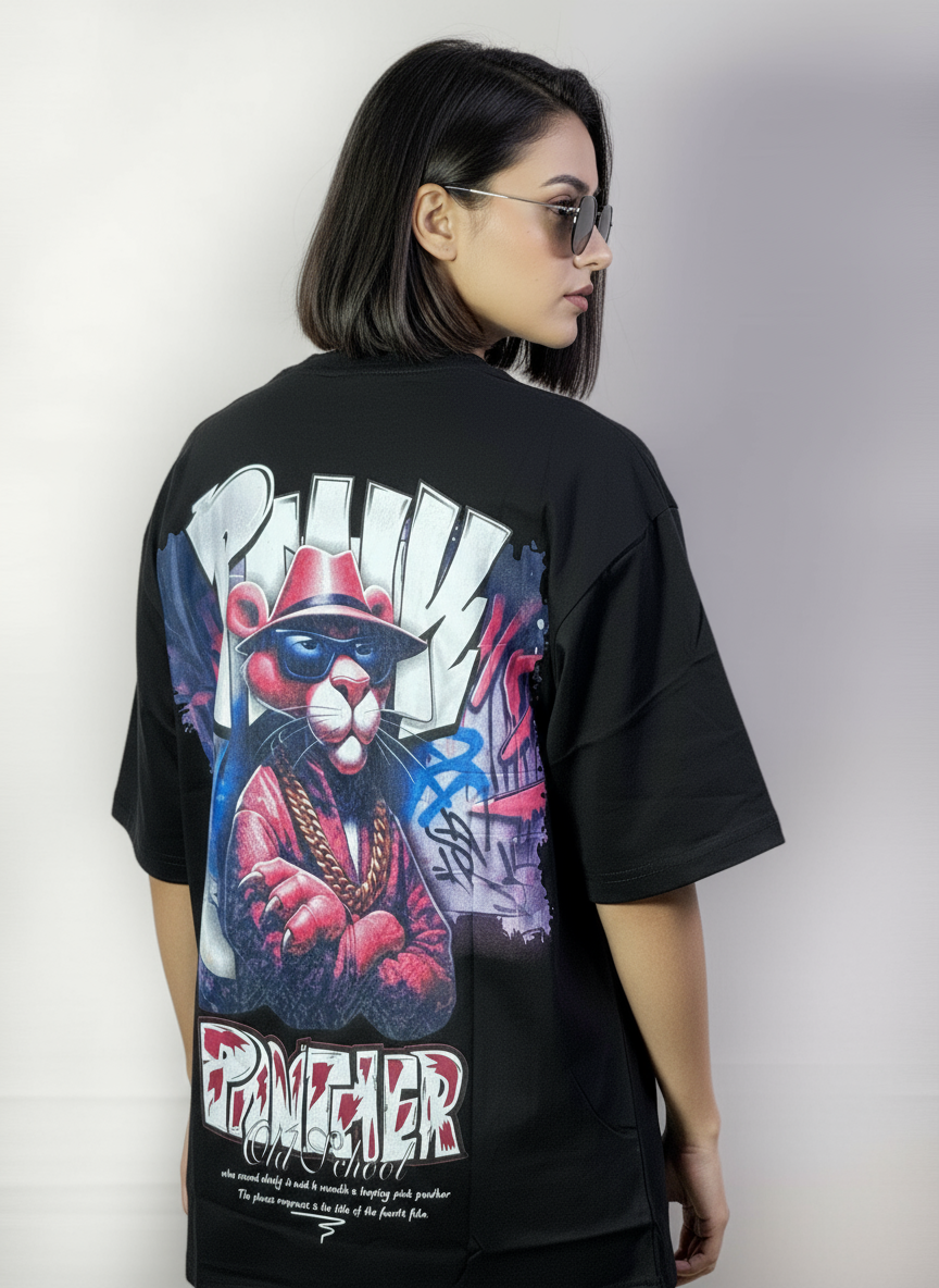 Pink Panther Old School Oversized T-shirt for Women | 260 GSM Heavy Cotton | Front & Back Graphic Print | Trendy Streetwear Style