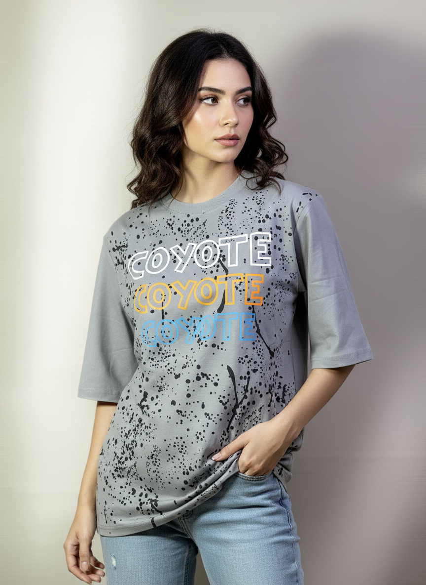 Coyote Catch Up Women’s Oversized T-Shirt | Full Back Print | Premium Cotton Comfort