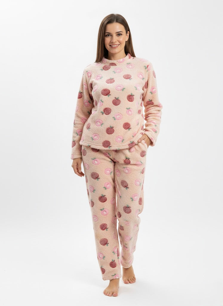Pink Strawberry Print Fleece Pajama Set - Women's Cozy Loungewear