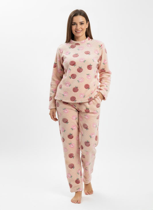 Pink Strawberry Print Fleece Pajama Set - Women's Cozy Loungewear
