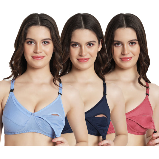 Women’s Cotton Blend Maternity Bra Pack of 3 | Soft, Stretchable & Supportive (Multicolor)